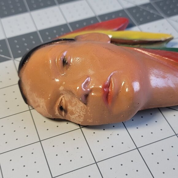 Native American (Indian) Head Wall Hanging Woman Feathers Chalkware 5 3/4" - Picture 2 of 6